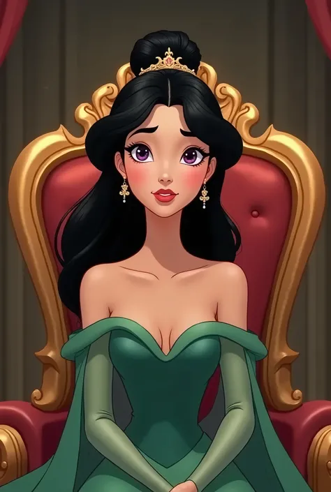  black hair tied at the top of a Disney princess, ,  double eyelids, bright eyes, dark purple eyes, and , Animated character with white skin and ,  wearing a green dress, wearing a small crown, and sitting expressionless in a gold chair