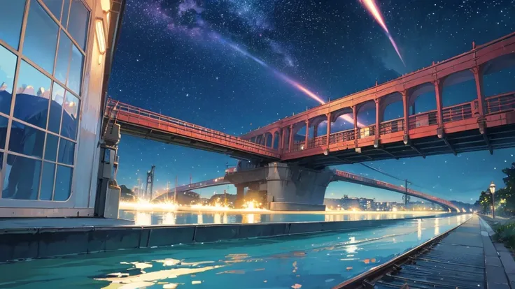 masterpiece, train running on water , Bright starry sky. Romantic Train, Makoto Shinkai&#39;s paintings, Pixiv,  Concept Art, Lofi Art style, reflection. Works by Makoto Xin Haicheng, Lofi Art,  beautiful anime scene, Anime Landscape, Detailed Landscape —W...