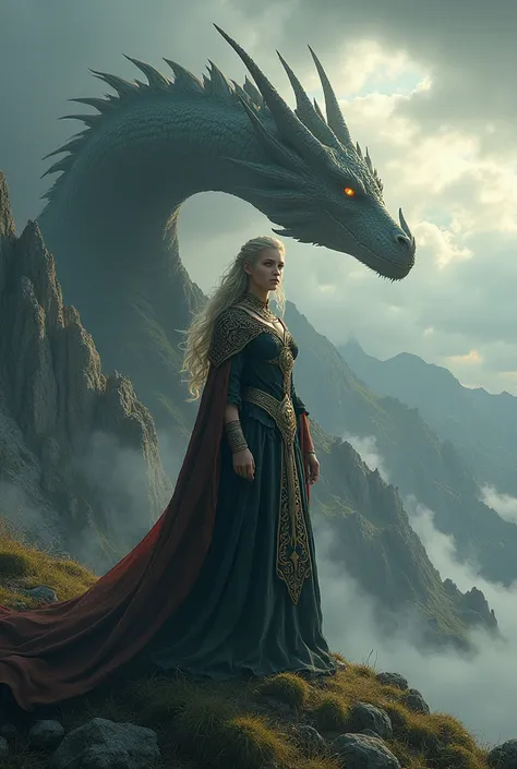 A priestess with a dragon ,  on top of a mountain in the Celtic era