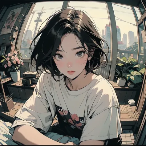 sitting on the couch in the living room、One woman, (((Perfect very beautiful face)))、(((Tokyo rooftop patio))), Japanese Apartment, rooftop, Cyberpunk settings, Old house. Lo-fi portrait by the window, Cozy place, Post-apocalyptic perspective, cyberpunk ap...