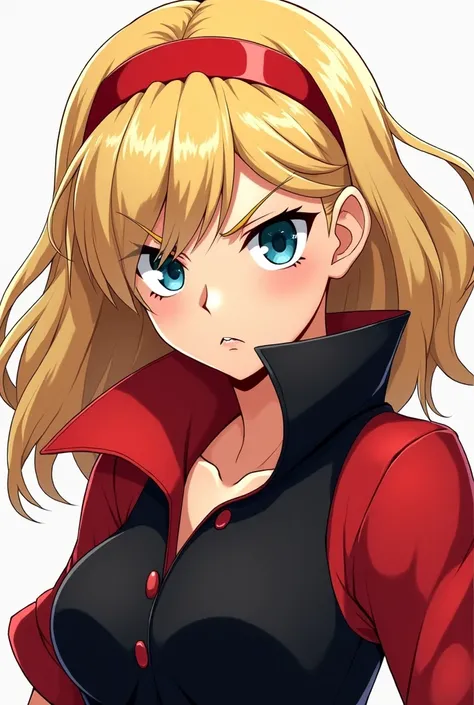 Angry Cute Blonde Anime Maria Robtink with blue eyes wearing a red headband and wearing a Massive Black and Red Popped Collar Polo with her collar fully popped up.