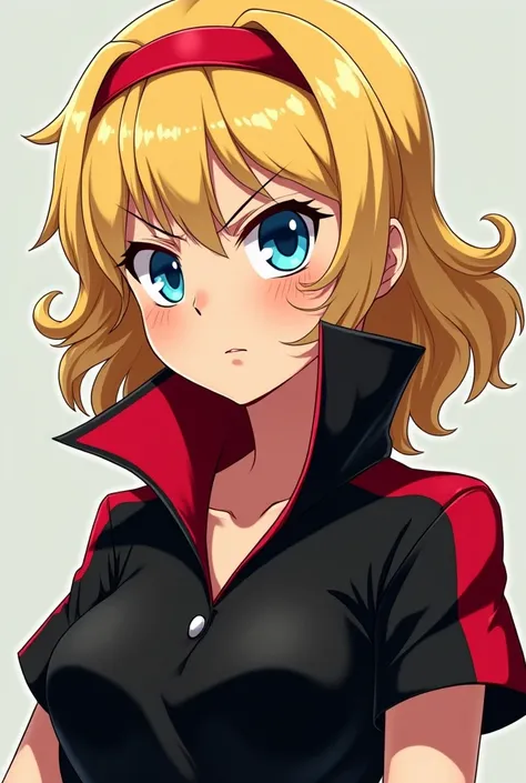 Angry Cute Blonde Anime Maria Robtink with blue eyes wearing a red headband and wearing a Massive Black and Red Popped Collar Polo with her collar fully popped up.