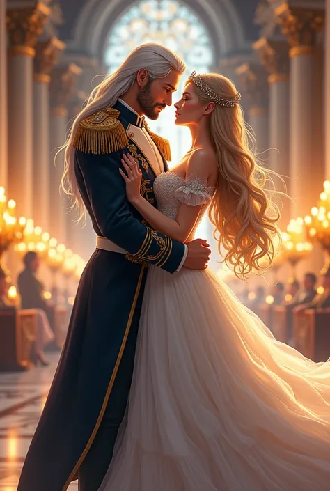 A tall, handsome, statuesque, courageous, attractive, athletic adult man with long white hair, blue eyes, tanned skin, clean-shaven face, dressed in long generals clothes, dancing at a ball with an incredibly beautiful young femme fatale blonde with long g...