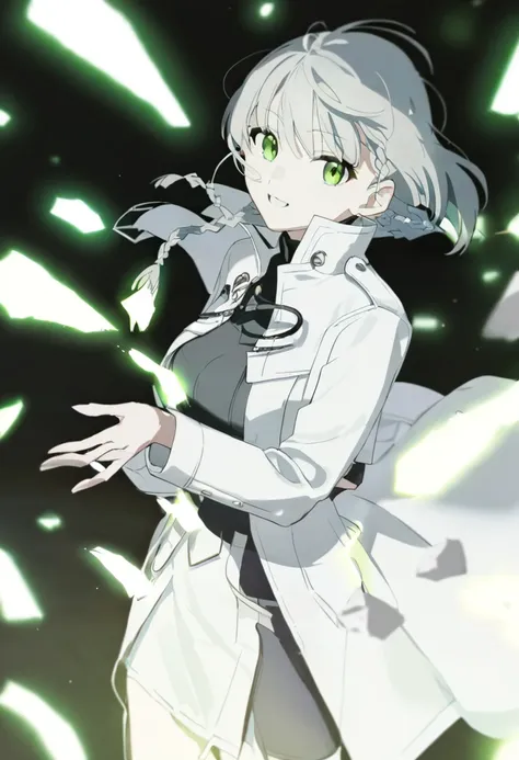 1 Girl，White cloaks ，Braid， green eyes，Pure white trench coat， white small leather shoes， black background，whole body， characters are glowing 