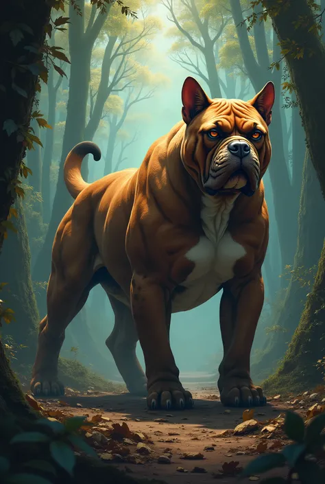 "A striking hybrid creature combining features of a big cat and a bulldog stands in a shadowy, dense forest. The creature has the muscular build and stocky frame of a bulldog, with powerful shoulders and sturdy legs, but its face and body are adorned with ...