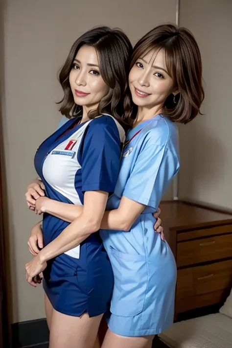 ，８k，２ mature women hug each other  ，２  nurses love each other ，２person facing front 々 ，composition of one person hugging each ot...