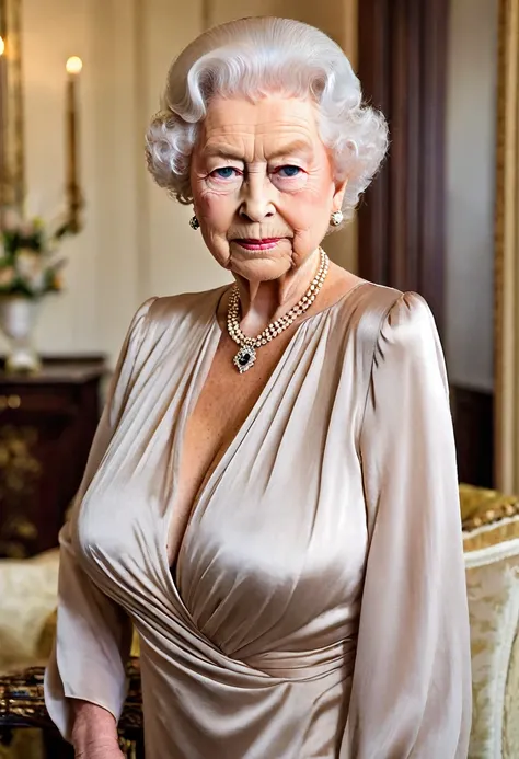 (queen elizabeth 70yo:1.4), (short brown hair:1.4), (sensual expression:1.4), (profile side:1.3), (keyhole cleavage:1.4), (beige silk dress:1.5), (huge saggy breast with pointed nipples:1.4)