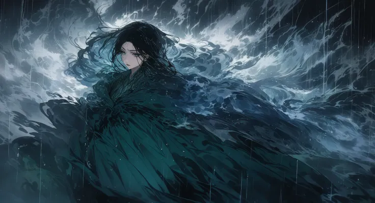 A striking anime-style illustration of a lone female samurai standing beneath a torrential downpour, her presence both captivating and intense. She is dressed in a worn, deep green hakama and a flowing blue kimono, the fabric clinging slightly to her form ...