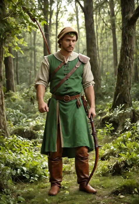 (best quality,4k,8k,highres,masterpiece:1.2),ultra-detailed,(realistic,photorealistic,photo-realistic:1.37),Robin Hood, man with longbow, medieval archer, aiming arrow, forest background, sunlight, dramatic lighting, detailed costume, leather clothing, rug...