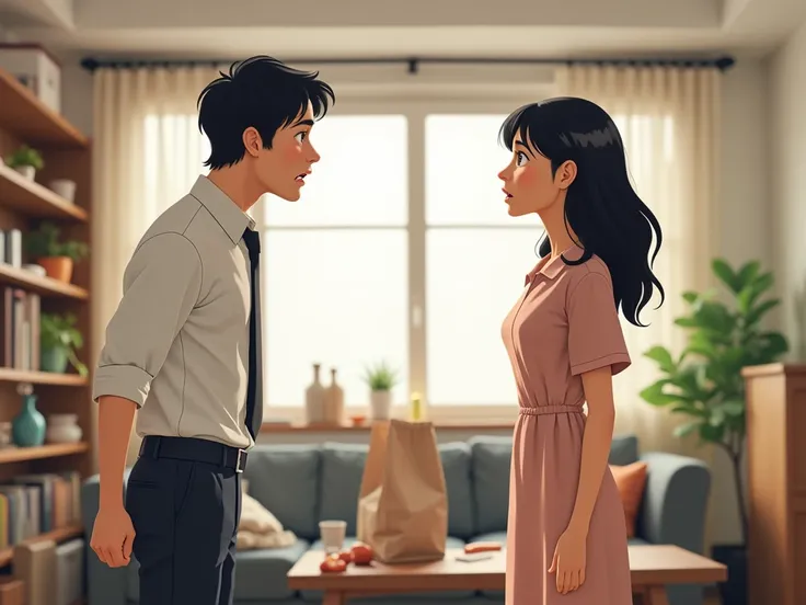 A modern home interior with a living room. A husband and wife are arguing; the husband, Akira, looks exhausted and frustrated, wearing formal office attire. The wife, Mei, appears upset and emotional, dressed in a casual house dress. They stand facing each...