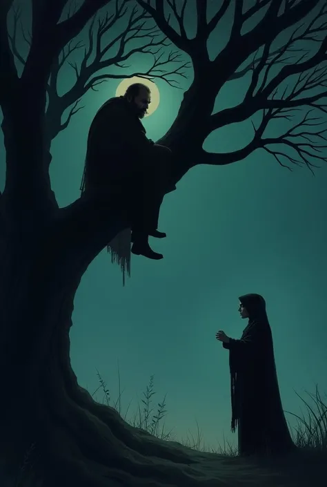 Illustrate a dramatic moment when the man, high in the tree, calls down to his wife for help. A woman approaches, but this figure, with the same face and attire as his wife, is actually the witch Rantas in disguise. The scene shows the mans confusion, unaw...