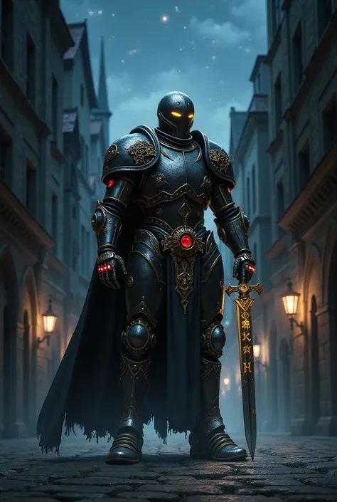 warforged paladin, night medieval age city, sword in hand