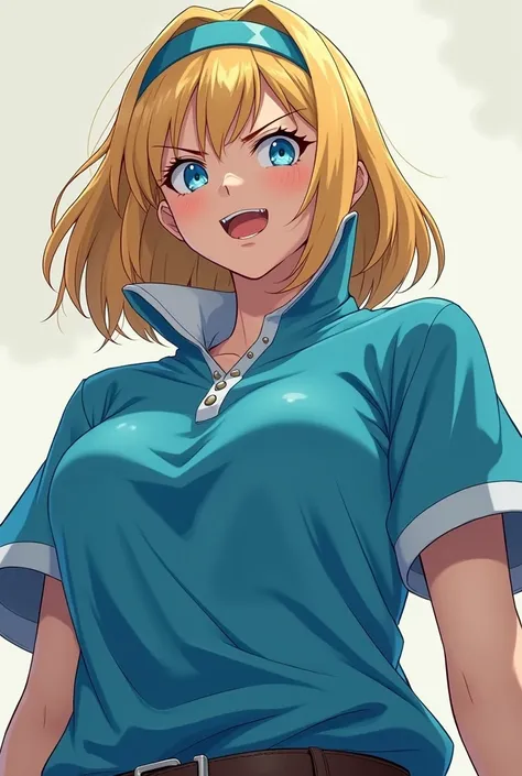 Angry Cute Blonde Anime Maria Robtink with blue eyes wearing a blue headband and wearing a Massive Blue Popped Collar Polo with her collar fully popped up.