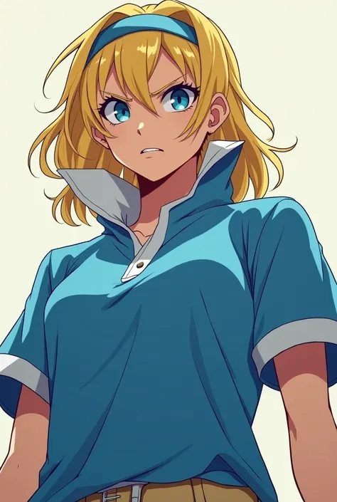 Angry Cute Blonde Anime Maria Robtink with blue eyes wearing a blue headband and wearing a Massive Blue Popped Collar Polo with her collar fully popped up.