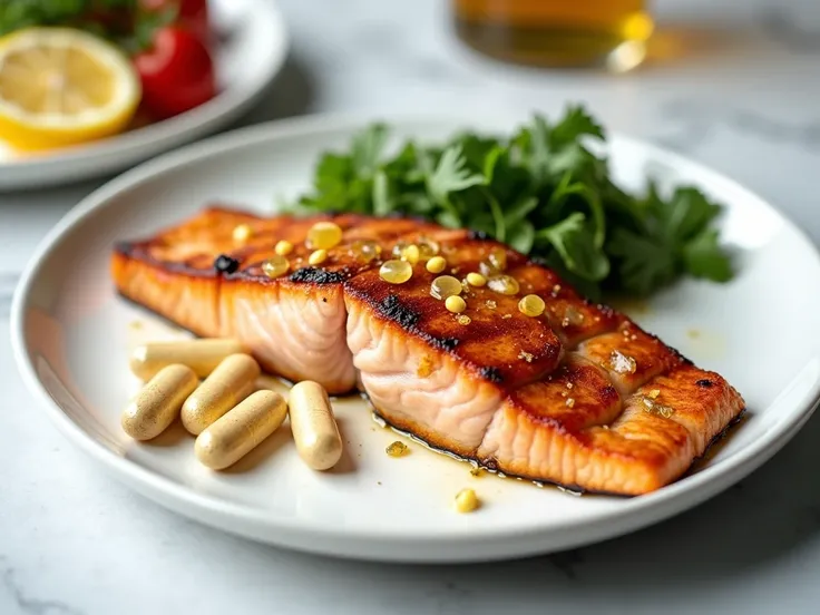  grilled salmon with garlic, Omega 3 pills 