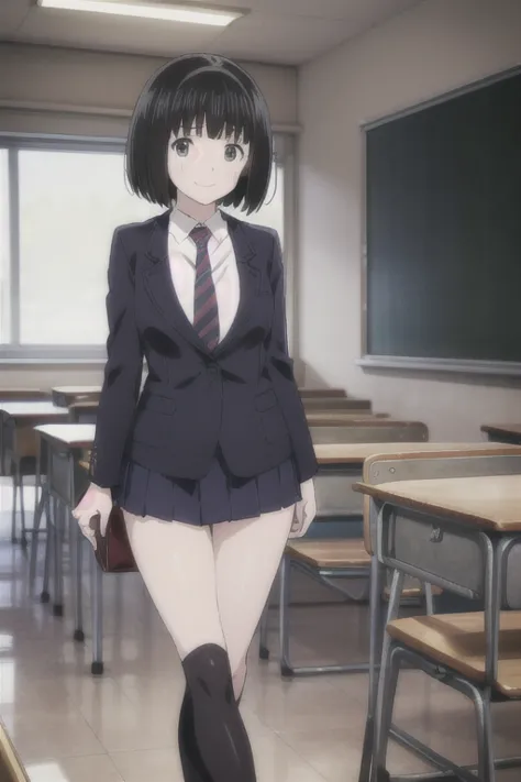 alone,  1 girl,  viewers, 2d, anime, anime coloring, whole body, (classroom:1.3), kogma, navy blazer, tie,  miniskirt that snaps...