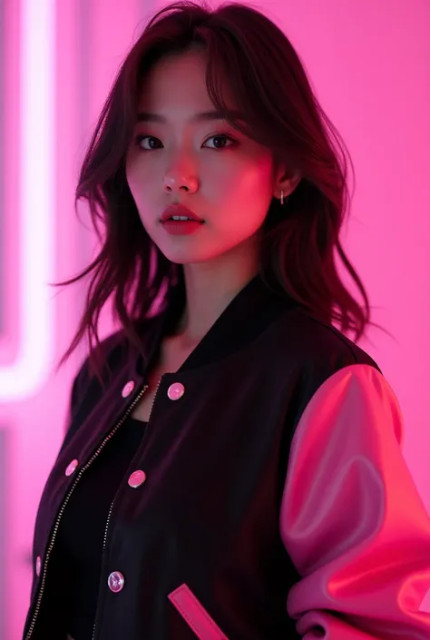 Beautiful asian woman in the black baseball jacket with pink leather sleeves in the pink screen