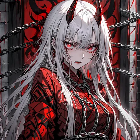 一人のwoman, woman, Devils little horn, Kimono, Gray Hair, Long Hair,  medium breasts, red eyes, A chain is wrapped around it, restrained by chains,  straight hair,  feminine,  Madness, Murderous Intent, Cold, Unreasonable