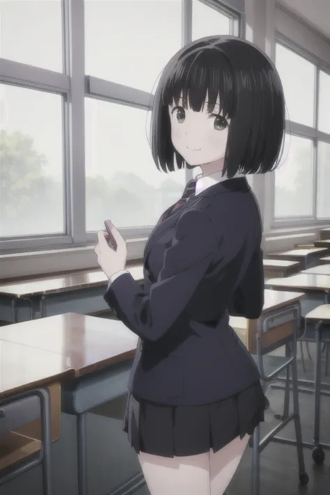 alone,  1 girl,  viewers, 2d, anime, anime coloring,  black hair、whole body, (classroom:1.3), kogma, navy blazer, tie,  miniskir...