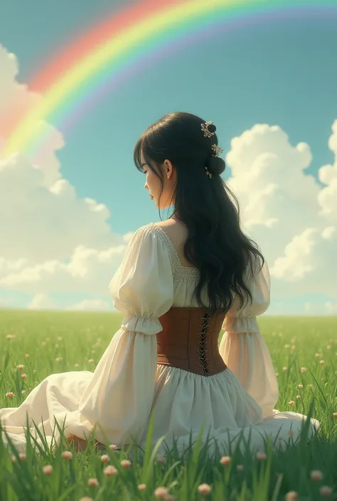 [no face] Asian, Petites, very longs hair reaches jher bottom, and wavy, Short stature, sit with back turned, wearing a white long sleeved puffed dress and Brown corset, like a resembling a lady from an ancient era. standing in a grass field with a rainbow...