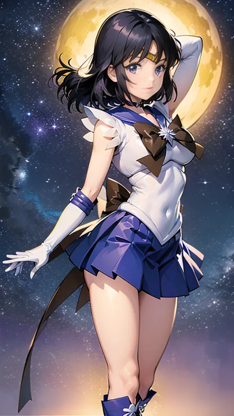 (whole body)， hi-res，detailed explanation， best quality，( sailor warrior uniform that wears elbows), sailor saturn， black hair，c...