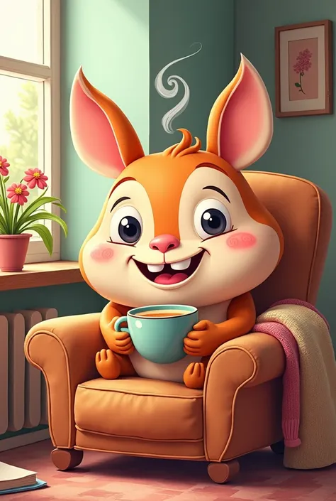 Generate funny cartoon character Titi drinking tea 