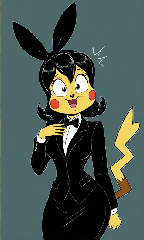 A small cute (Donald Trump{Pikachu) concentrates and zaps Kamala Harris with a lightning bolt. Kamala is cartoonishly shocked. Style of Looney Tunes 1960s
