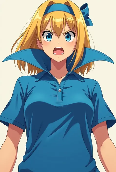 Angry Cute Blonde Anime Maria Robtink with blue eyes wearing a blue headband and wearing a Massive Blue Popped Collar Polo with her collar fully popped up. Shes very tall and is looking down at you