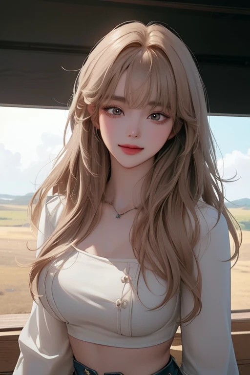 ((cowboy shot)),((High angle)), smile, (white crop tops, long sleeves) (best quality, ((masterpiece)), 8K resolution, Semi-realistic, cinematic lighting, beautiful detailed eyes), cute,kpop idol,1 woman,korean,((Blunt bangs)), 25-year-old,long curly hair,K...