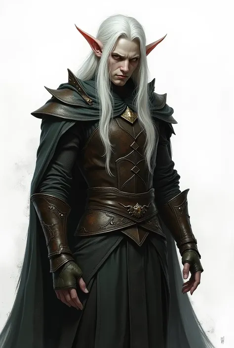 A male shadar kai elf thief with a Leather armor, very pale skin and long white hair. art painting semi-realistic white background.