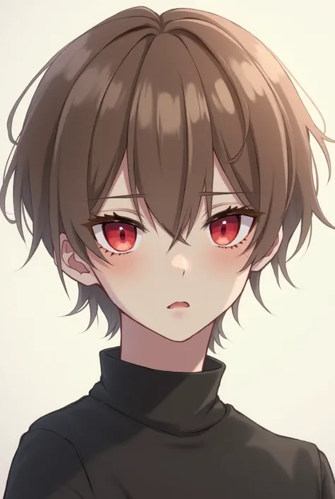  Boy with red eyes brown hair (a little effeminate )  with a neutral anime-style face 