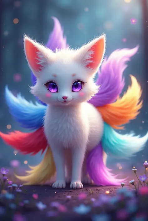 can you create me an AI image of a 9 tailed baby fox with a body that has white fur purple eyes and each tail is a color of blue, purple, red, orange, yellow, white, sea green, green and teal, 