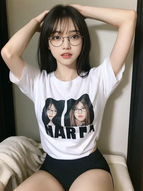 a woman with hair and glasses posing for a picture, long hair, bangs, shirt, black hair, sitting, underwear, panties, short sleeves, red hair, teeth, arm up, english text, black panties, black shirt, t-shirt, bandaid, clothes writing, black-framed eyewear,...