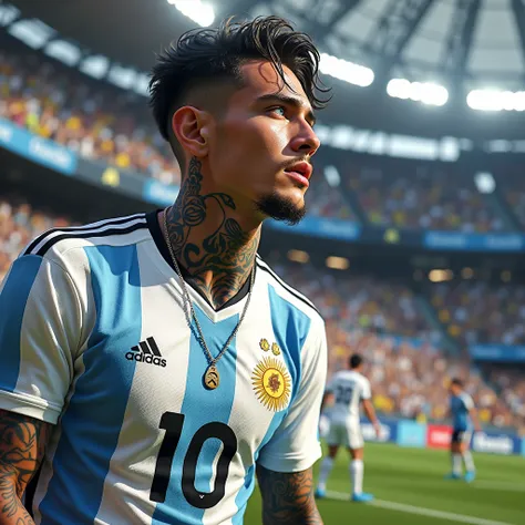  4K image of a young man with a square jaw ,  short shaded beard ,  blue eyes and short wavy wet hair ,  with Japanese tattoos and a necklace that says  "do".  He wears soccer pants and jersey of the Argentine national team ,  both with the number 10 ,  wh...