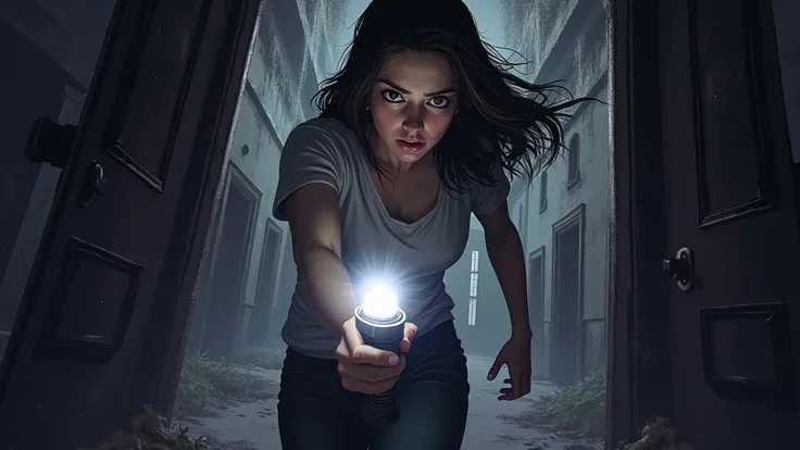 A young woman with frightened eyes holds a flickering flashlight, stepping cautiously into a large, decrepit, and abandoned mansion. The entrance is dark, with broken doors and cobwebs hanging from the ceiling.