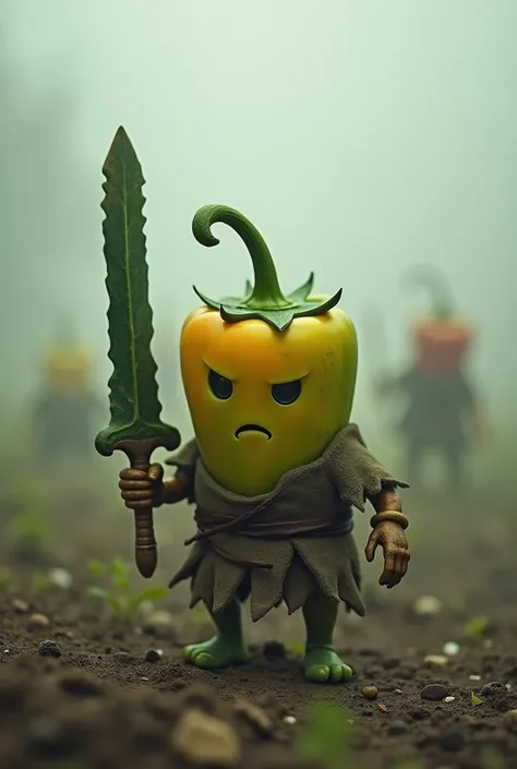 A petite anthropomorphic bell pepper with faded green and yellow tones, holding a small sword made of a carved zucchini. He stands in a misty battlefield, the blurred silhouettes of other vegetable warriors visible in the distance. soft, muted colors, deta...