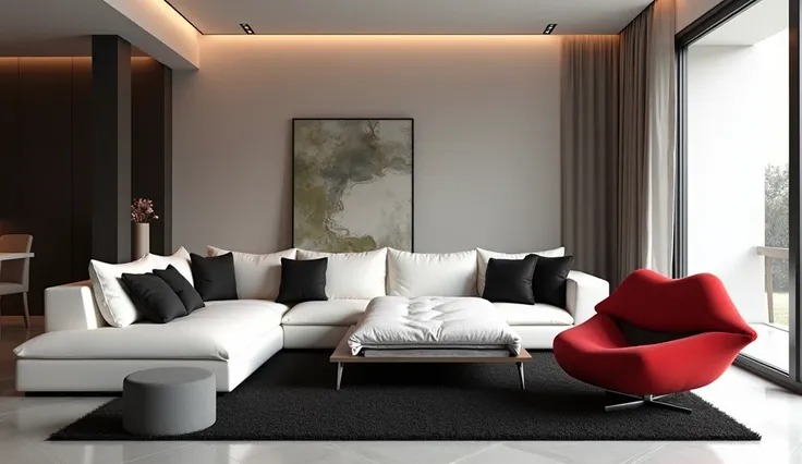 The elegant living room has a large white sofa with black pillows and a soft black rug. There is a small mattress on the sofa in soft white. On the right is a chair in the form of a chair before it, and on the left is a small round chair in gray and a smal...