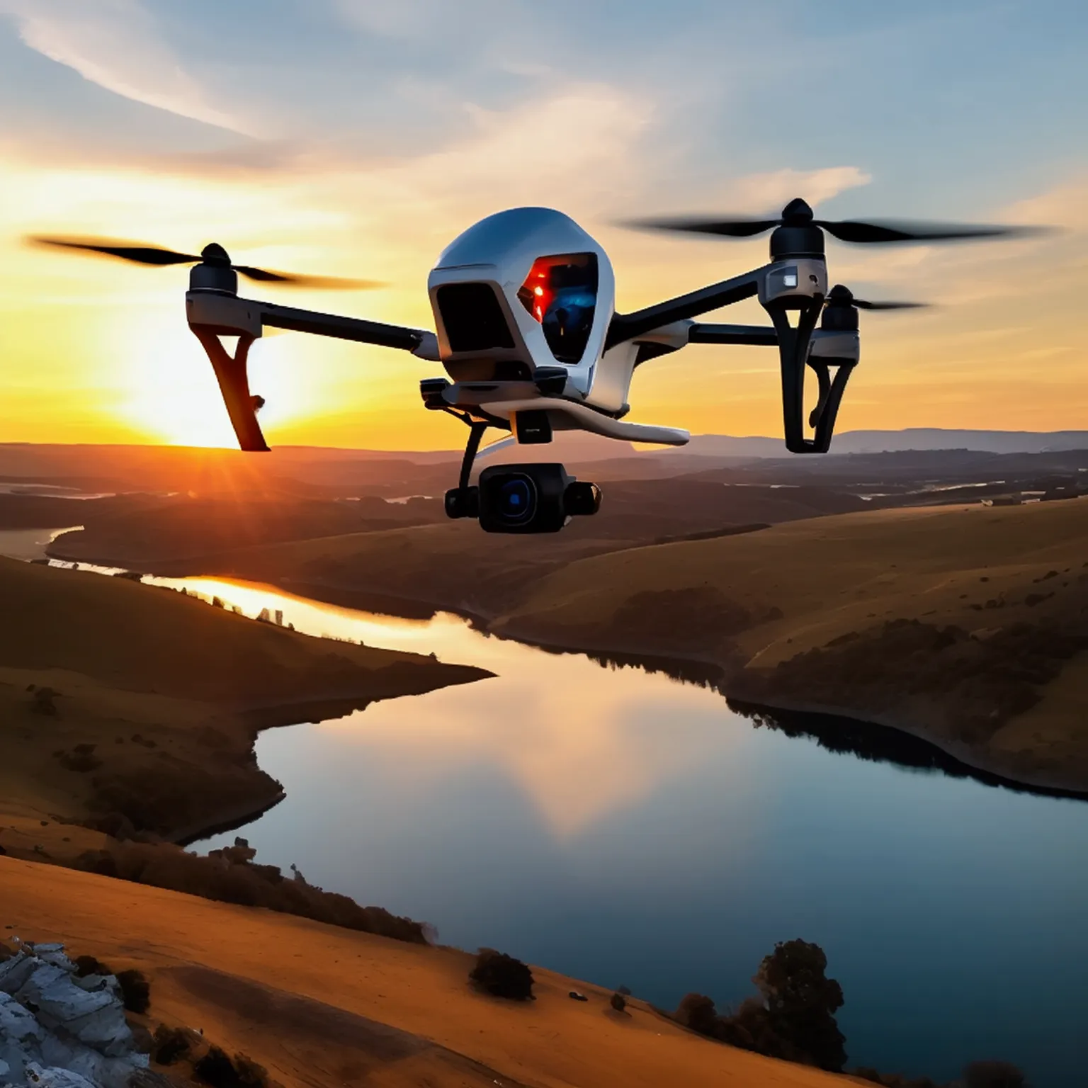 "A sleek and modern Quadcopter S116 UAV drone flying over a scenic landscape at sunset, showcasing its four propellers and aerodynamic design. The drone is equipped with a high-definition camera on the front, capturing breathtaking aerial views. The image ...