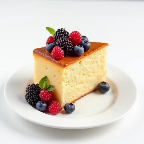 Piece of cake with berries on plate isolated with white background