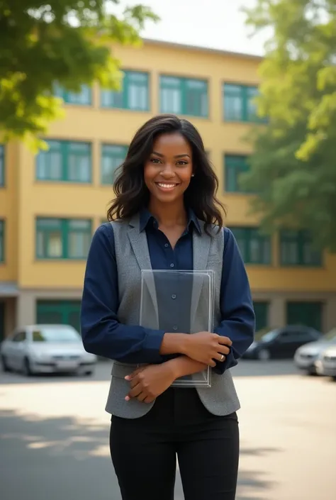 Can you generate an image for me that shows a woman standing in front of a 30-year-old building with wavy waist-length hair with light pink lenses with dark brown skin and a nose similar to Rianas . She wears a navy blue shirt underneath her gray dress ves...