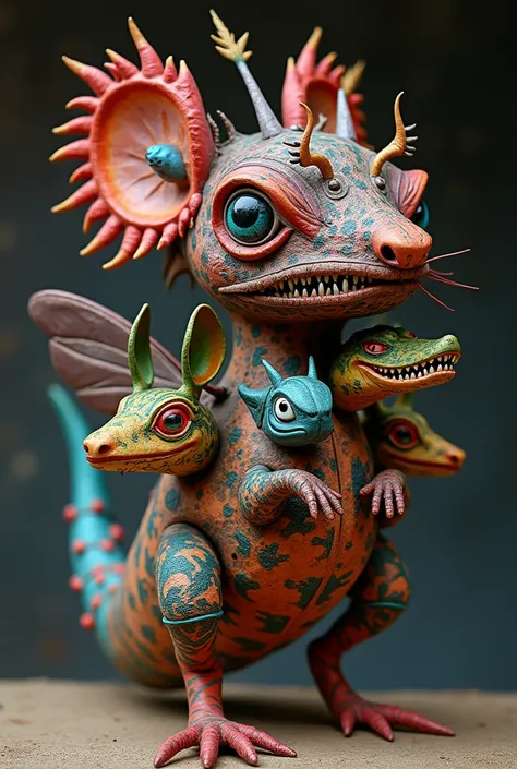  An alebrije with a mouses wing ,  a fly ,  will have 4 legs , a witchs ,  a shark ,  a chicken and a dragons eye for comfort ,  also 11 heads .  One has to have the eyebrows of a burning worm , Clowns mouth ,  shark-toothed sharks ,  a Martian antenna ,  ...