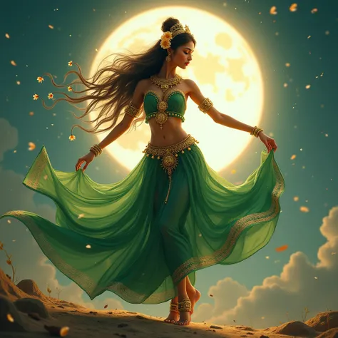 A divine and mesmerizingly india beautiful celestial nymph dancing gracefully in a vibrant green and golden flowing dress. She has adorned herself with intricate gold jewelry, flowers in her hair, and anklets that sparkle as she dances under the moonlit sk...