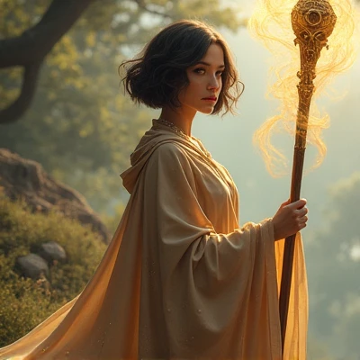  a beautiful elemental light brown witch with short black hair, carrying a staff with, showing the name :  “CHAMIN “in small letters in golden smoke 