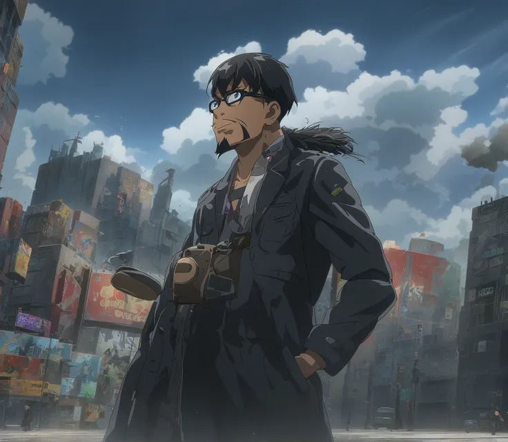   Dark-skinned man in black jacket and dark glasses standing on the street,   Cut hair cut  ,  black hair , holding a control ,  with a goatee full of hair  , natta, anime 8K foda, 4k anime wallpaper, 4K anime-style, 8K anime art wallpaper, 4k anime wallpa...