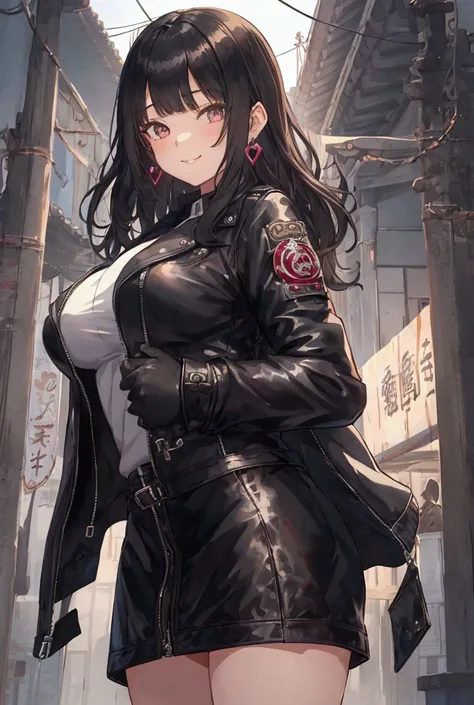  1 girl, smile,  look at the sole, bangs,  black hair,  medium hair with high background,  big breasts at the temple,  crystal earrings,  black leather jacket，Character portrait,  illustration, anime風, anime, Mannerism, 日本の illustrationスタイル, 