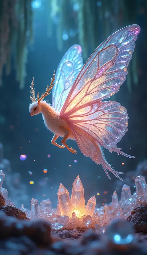 
"A hybrid creature combining a butterfly and a crystal cave. Its wings are vast, made of translucent crystals that refract light into rainbows, constantly shifting in color. Its body glows with a soft, ethereal light, and its antennae sparkle like delicat...