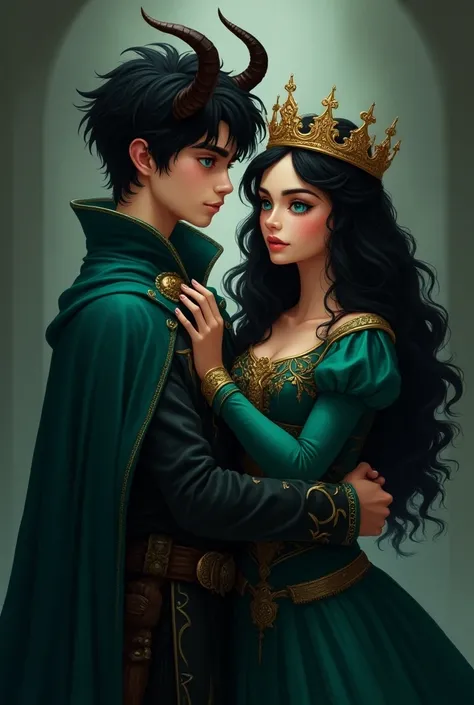 dark fantasy,  a young adult with messy black hair , medium horns ,blue eyes,  kings gold crown ,  royal clothing cyan green and black with gold detail,  with dark cyan green cape ,  on the side young adult ,  with long wavy black hair ,  crown on the gold...