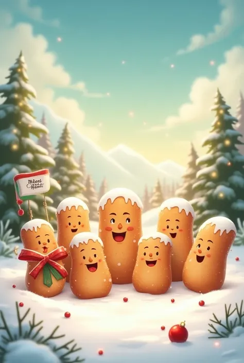  I need to create a Christmas background and on top of that , Add six rolls of bread from the Riba Smith brand in the form of a cartoon. This design should be simple but professional .