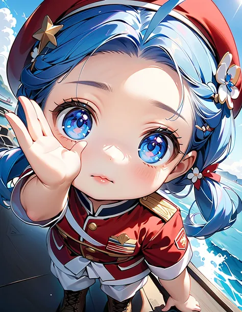 ((Salute in an upright position :1.5))、(( one girl :1.5)、((Chibi Girl:1.5)))、 Kindergarten Mother:1.5、 best quality、 Hi-Res、 detailed background 、 beautiful face down to the smallest detail 、 anatomically correct、detailed expression、fine grain、((whole body...