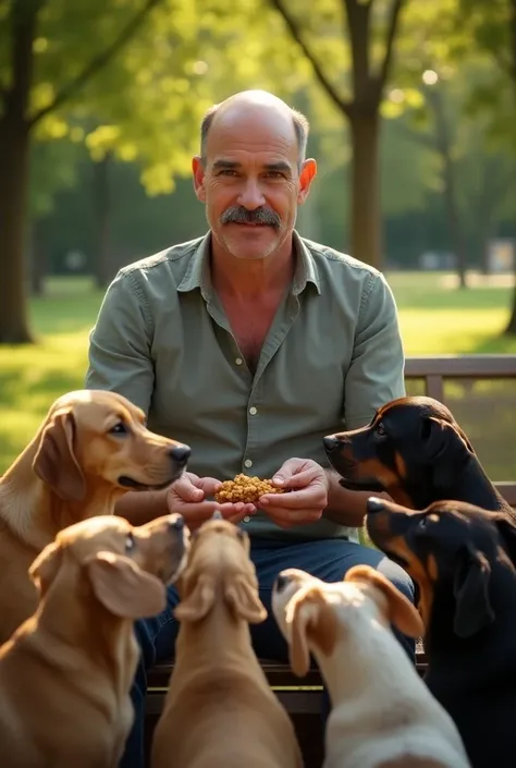 Une personne chauve avec une petite moustache grise qui nourris des chiens de divers race 